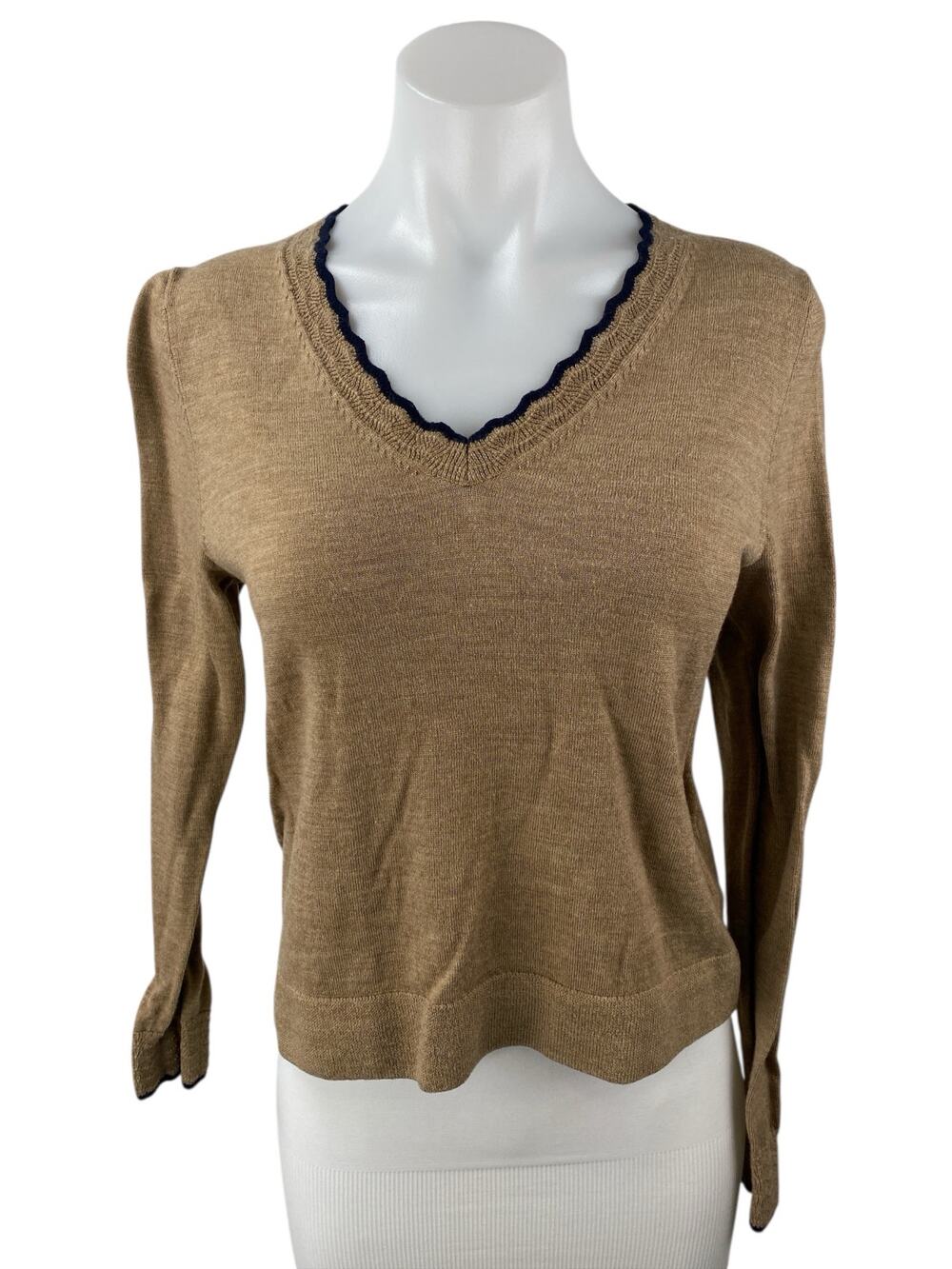 Boden 100% Wool Browm Women's V-Neck Long Sleeve Knit Crop Sweater Top Size M